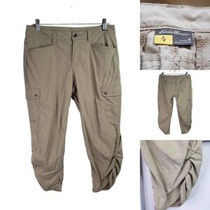 Eddie Bauer Capri Womens Travex Cargo Ruched Leg Pant Khaki Tan Size 6 Stretch